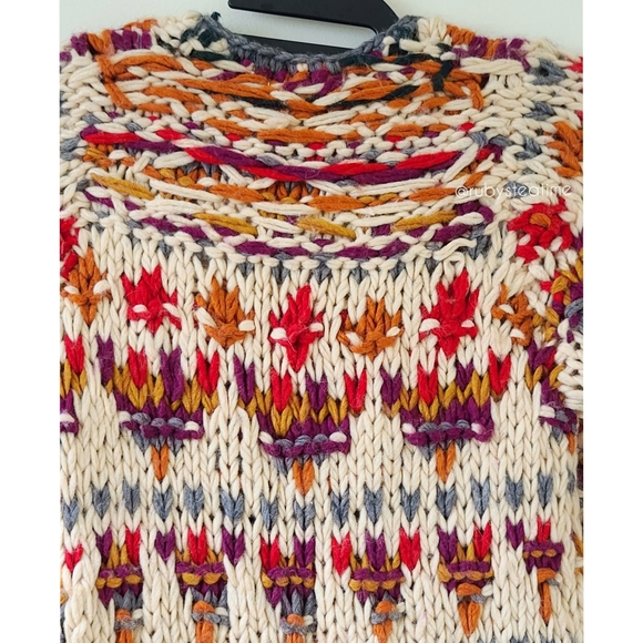 Chunky Knit Boho Neo Fairisle Cardigan Sweater, Wooden Toggle Buttons, ANTHRO - Picture 8 of 16